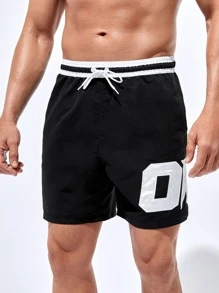 Manfinity Men Letter Graphic Drawstring Waist Striped Trim Swim Trunks - Black - View 6