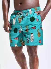 Surfspeed Men Fruit Print Drawstring Waist Swim Trunks - Mint Blue - View 1