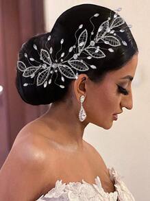 Rhinestone Leaf Decor Bride Hair Band - Silver - View 1
