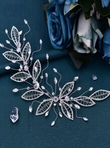 Rhinestone Leaf Decor Bride Hair Band - Silver - View 2