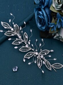 Rhinestone Leaf Decor Bride Hair Band - Silver - View 4