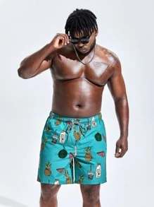 Surfspeed Men Fruit Print Drawstring Waist Swim Trunks - Mint Blue - View 4