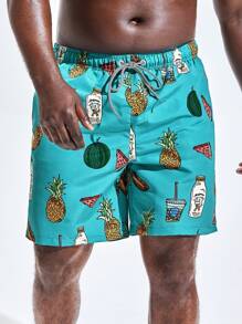 Surfspeed Men Fruit Print Drawstring Waist Swim Trunks - Mint Blue - View 5