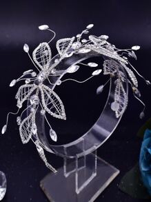 Rhinestone Leaf Decor Bride Hair Band - Silver - View 6