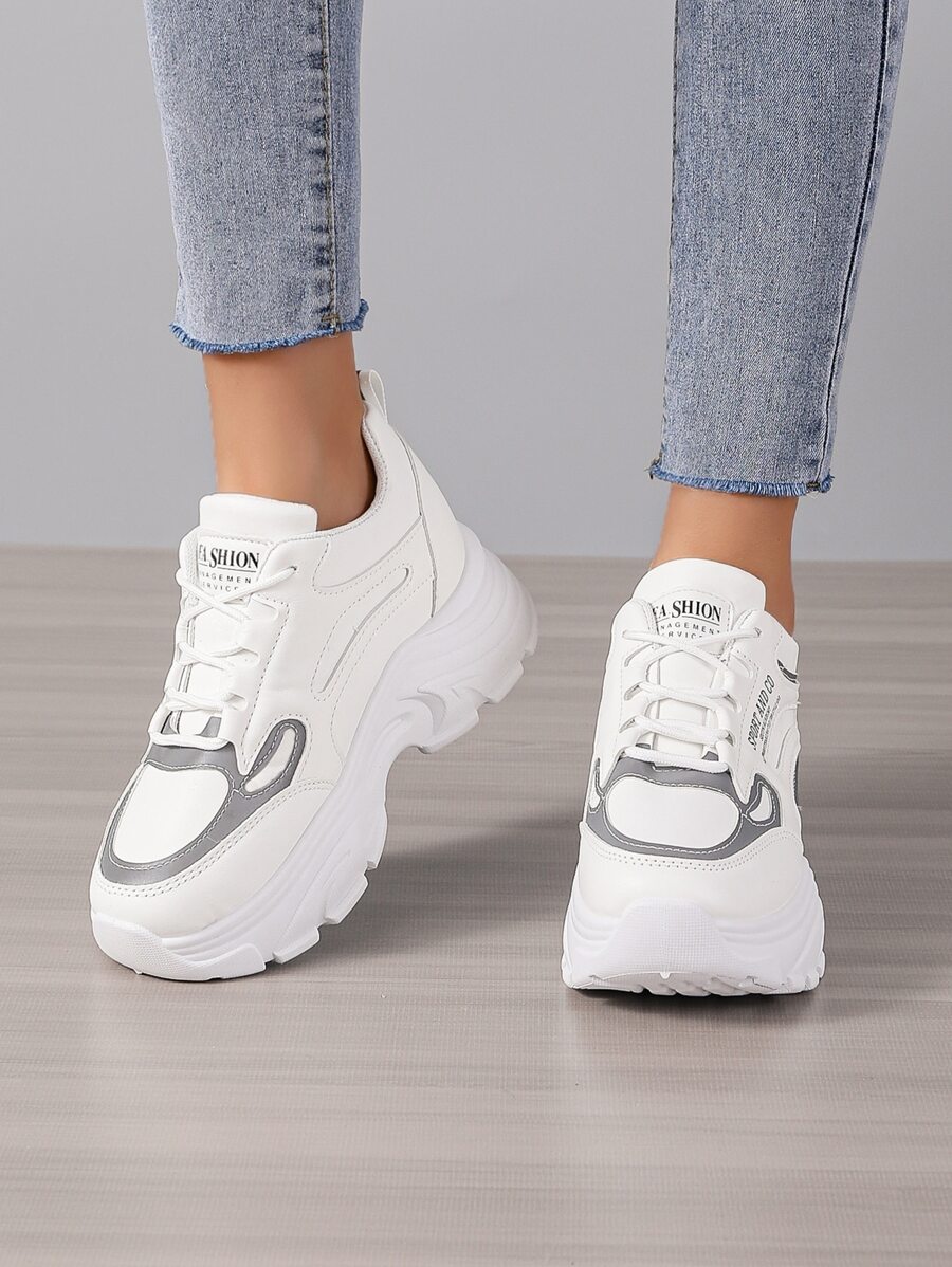 Letter Graphic Lace-up Front Wedge Sneakers - White - View 1
