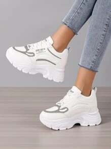 Letter Graphic Lace-up Front Wedge Sneakers - White - View 4