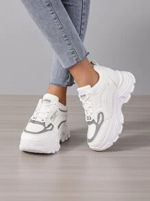 Letter Graphic Lace-up Front Wedge Sneakers - White - View 5