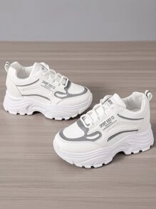 Letter Graphic Lace-up Front Wedge Sneakers - White - View 6