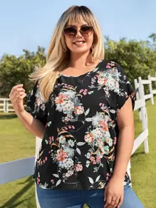 SHEIN LUNE Blusa con estampado floral de manga murciélago - Multicolor - Ver 1