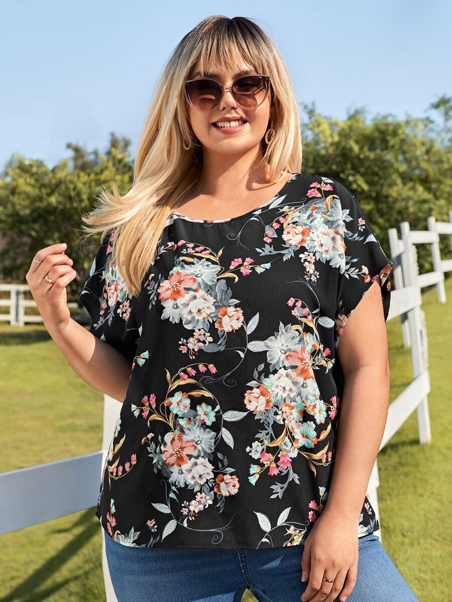 SHEIN LUNE Blusa con estampado floral de manga murciélago - Multicolor - Ver 1