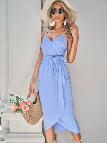 SHEIN VCAY Solid Wrap Cami Dress - Blue - View 1