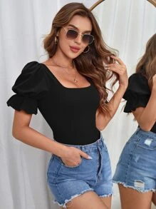 SHEIN Privé Summer Square Neck Puff Sleeve Tee Bodysuit