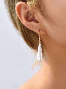 珍珠水滴形耳墜 - 白色 - 查看 3