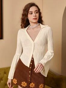 SHEIN MOD Áo thun nữ Xù Nút phía trước màu trơn Giải trí - Màu be - Xem 2