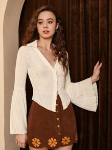 SHEIN MOD Áo thun nữ Xù Nút phía trước màu trơn Giải trí - Màu be - Xem 5