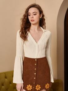 SHEIN MOD Áo thun nữ Xù Nút phía trước màu trơn Giải trí - Màu be - Xem 4