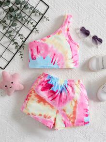 SHEIN 2pcs/Set Baby Girl Round Neck Short Sleeve Top And Elastic Waist Shorts, Suitable For Summer - Multicolor - View 1