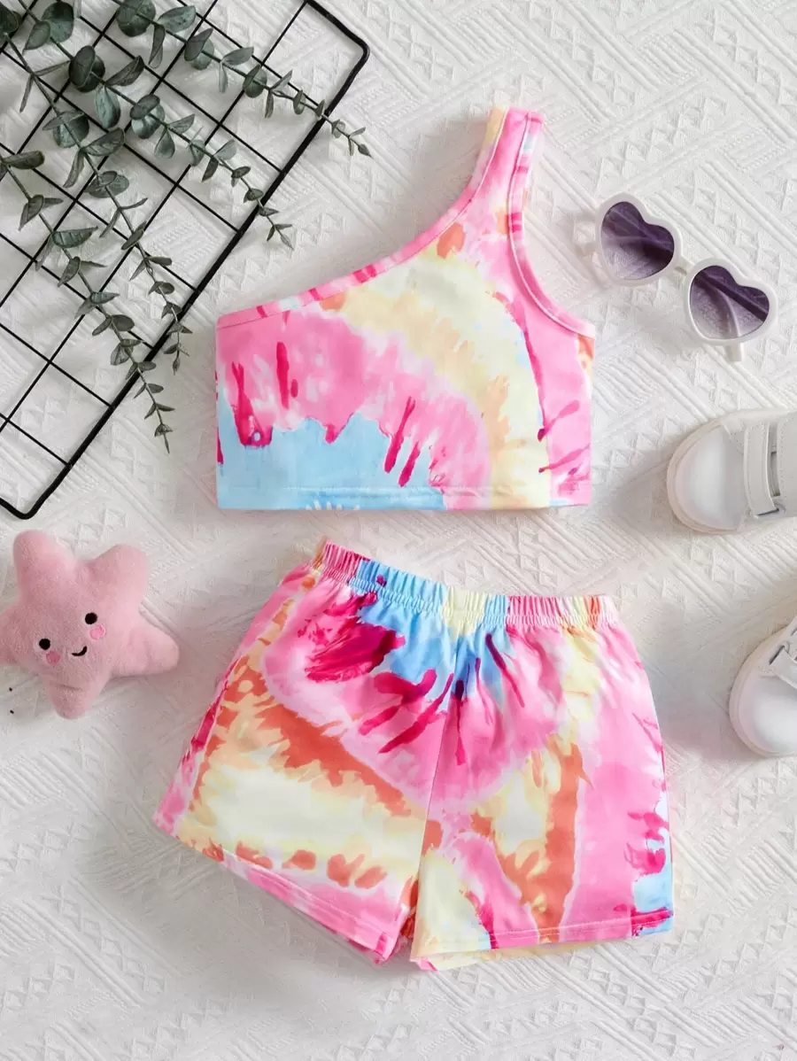 SHEIN 2pcs/Set Baby Girl Round Neck Short Sleeve Top And Elastic Waist Shorts, Suitable For Summer - Multicolor - View 1