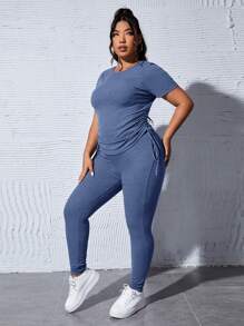 SHEIN Essnce Bộ thời trang Plus Size Dây kéo Gân đan màu trơn Giải trí - Màu xanh bụi bặm - Xem 1