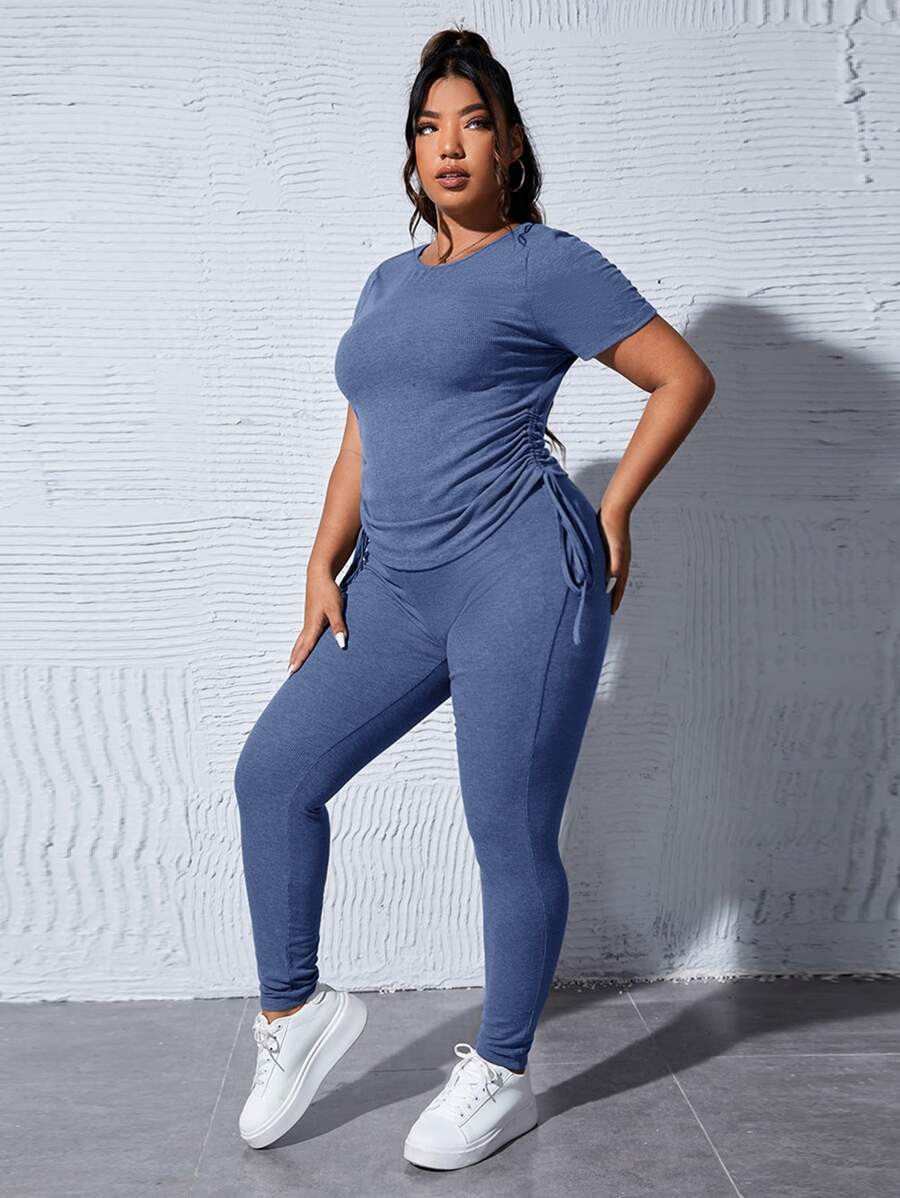 SHEIN Essnce Bộ thời trang Plus Size Dây kéo Gân đan màu trơn Giải trí - Màu xanh bụi bặm - Xem 1