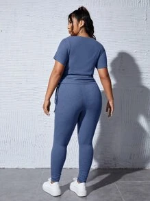 SHEIN Essnce Bộ thời trang Plus Size Dây kéo Gân đan màu trơn Giải trí - Màu xanh bụi bặm - Xem 2