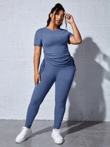 SHEIN Essnce Bộ thời trang Plus Size Dây kéo Gân đan màu trơn Giải trí - Màu xanh bụi bặm - Xem 4