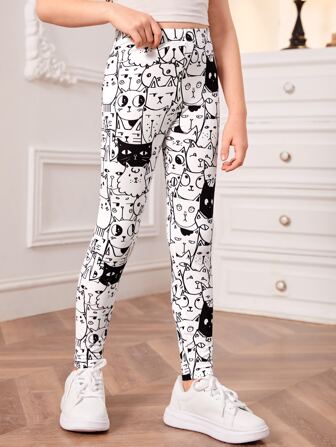 1 pieza Leggings de niña con estampado de gato de dibujos animados en negro y blanco, para otoño/invierno