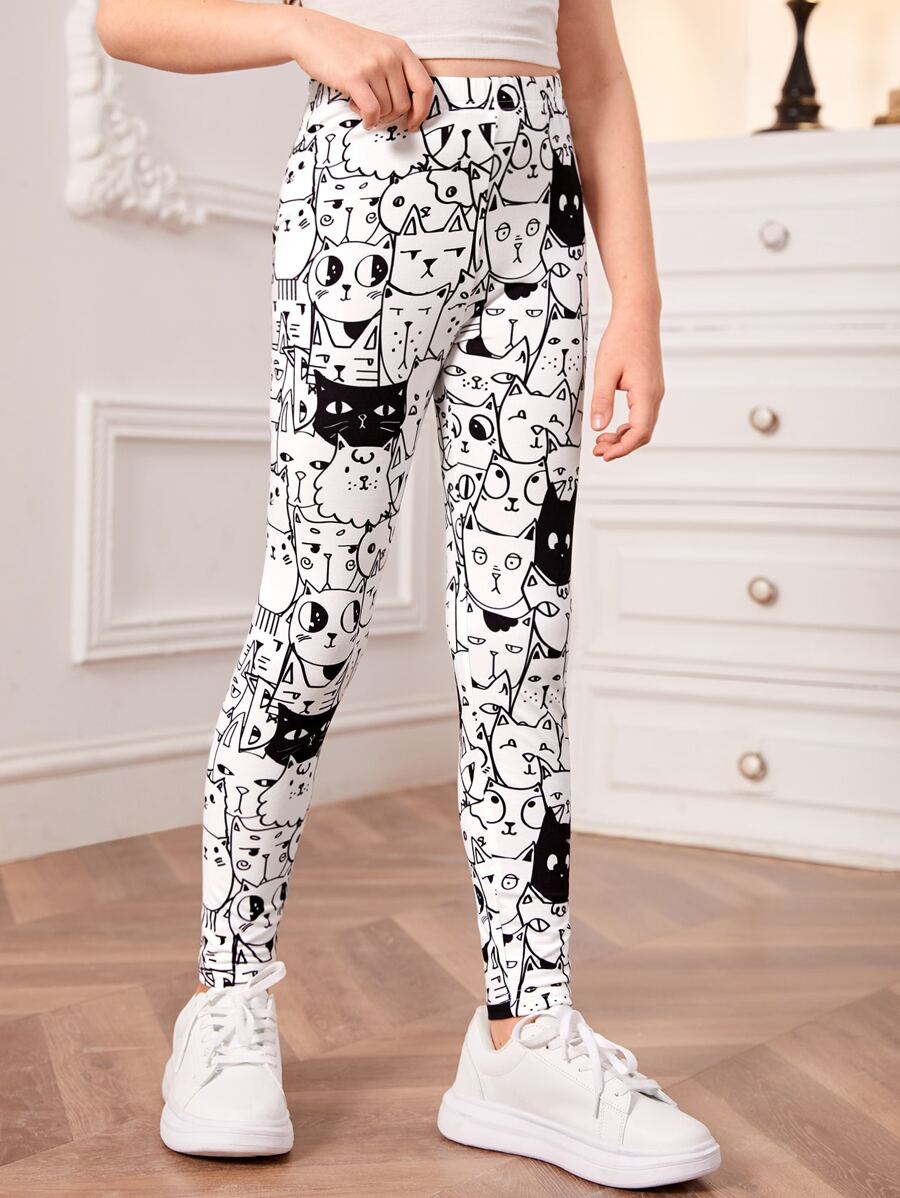 1 pieza Leggings de niña con estampado de gato de dibujos animados en negro y blanco, para otoño/invierno - Blanco y Negro - Ver 1