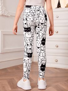 1 pieza Leggings de niña con estampado de gato de dibujos animados en negro y blanco, para otoño/invierno - Blanco y Negro - Ver 2