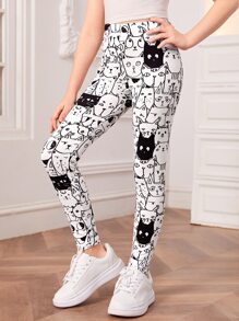 1 pieza Leggings de niña con estampado de gato de dibujos animados en negro y blanco, para otoño/invierno - Blanco y Negro - Ver 4