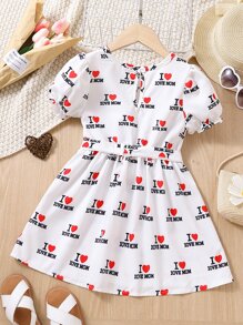 小女童愛心和字母圖案泡泡袖繫腰帶洋裝