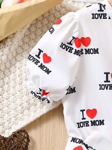 小女童愛心和字母圖案泡泡袖繫腰帶洋裝