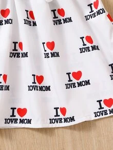 小女童愛心和字母圖案泡泡袖繫腰帶洋裝