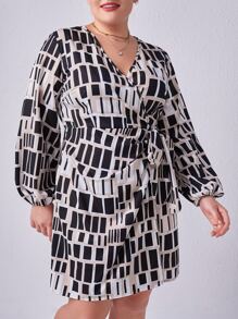 SHEIN Clasi Vestido con estampado geométrico de manga farol cruzado con nudo lateral