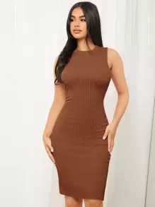 SHEIN SXY 素色麻花編織緊身連衣裙 - 棕色 - 查看 6