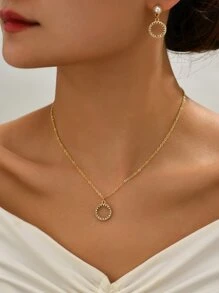 水鑽圓形吊墜項鍊和耳墜