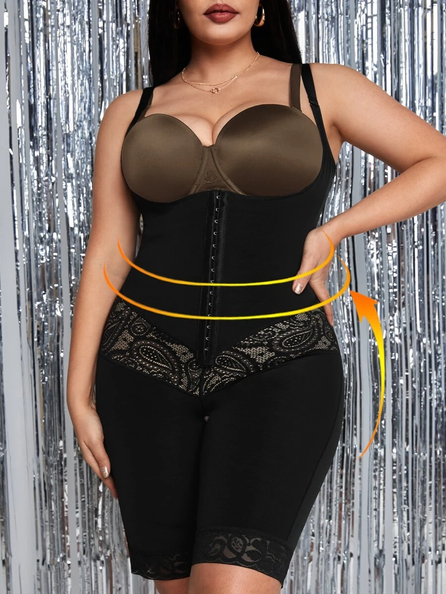 Plus Hook And Eye Front Shapewear Romper - Black - View 1