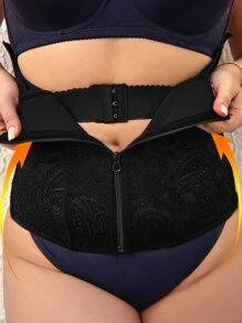 Plus Floral Lace Zip Front Waist Trainer - Black - View 3