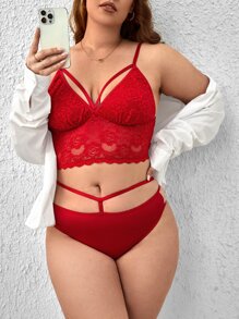 Set de lencería con encaje floral arnés - Burdeos - Ver 1