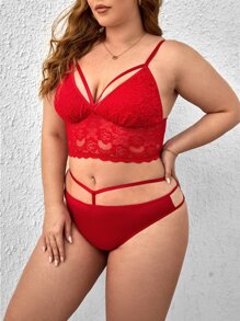 Set de lencería con encaje floral arnés - Burdeos - Ver 3