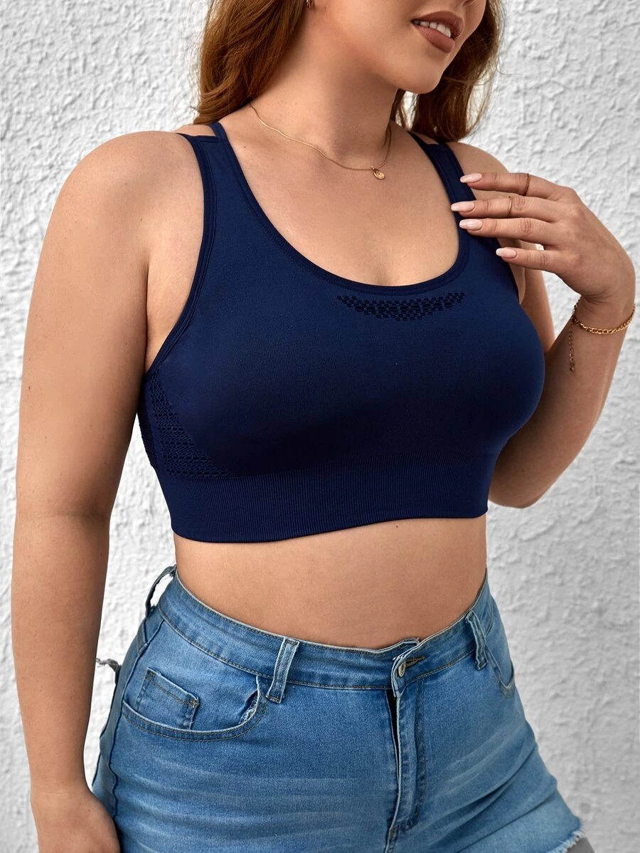 Plus Hollow Cut Backless Bra - Navy Blue - View 1