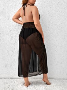 con diseño de diamante de imitación floral de malla Vestido halter & Tanga - Negro - Ver 2