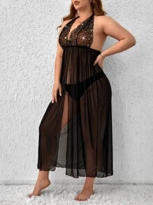 con diseño de diamante de imitación floral de malla Vestido halter & Tanga - Negro - Ver 4