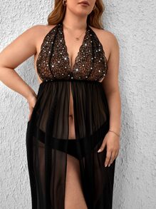 con diseño de diamante de imitación floral de malla Vestido halter & Tanga - Negro - Ver 5