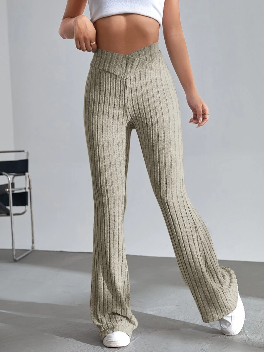 SHEIN EZwear 素色條紋針織喇叭褲 - 杏色 - 查看 1