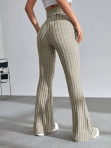 SHEIN EZwear 素色條紋針織喇叭褲 - 杏色 - 查看 2