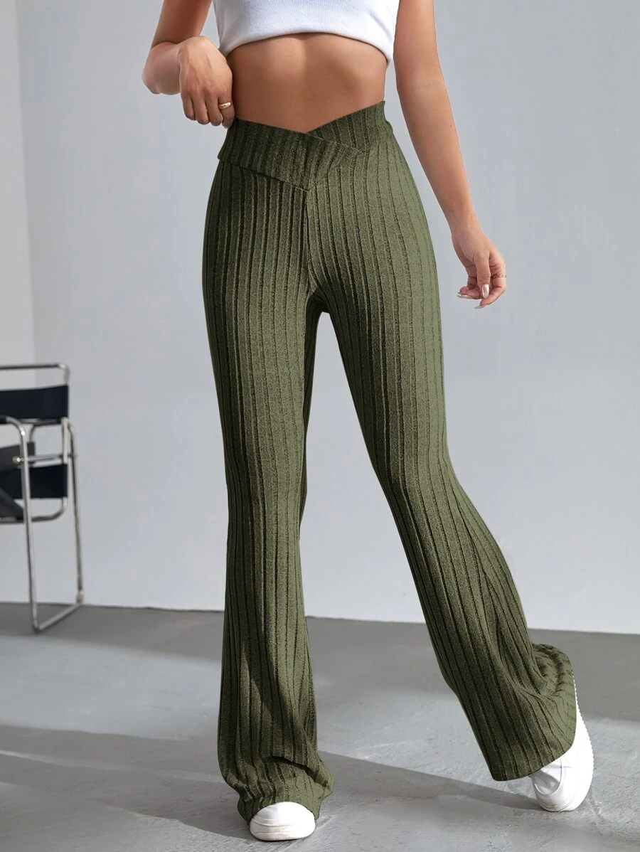 SHEIN EZwear Pantalones acampanados unicolor tejido de canalé - Verde - Ver 1
