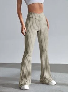 SHEIN EZwear 素色條紋針織喇叭褲 - 杏色 - 查看 3