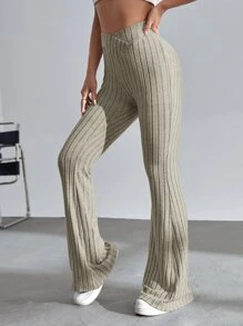 SHEIN EZwear 素色條紋針織喇叭褲 - 杏色 - 查看 5