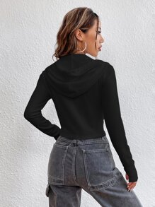 SHEIN EZwear 素色拉鏈開襟抽繩連帽衫 - 黑色 - 查看 2